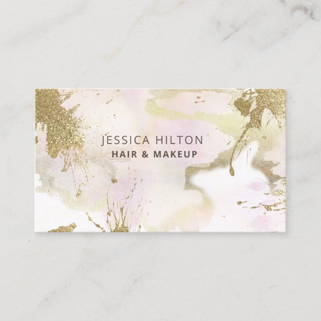 Gold glittery abstract pastel watercolor wash business card (Front)