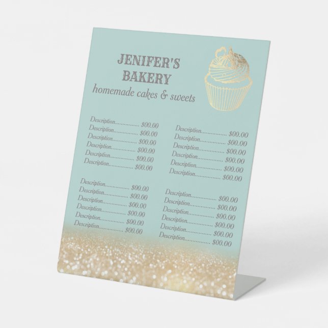 Gold glittery cupcake bakery price list pedestal sign (Front)