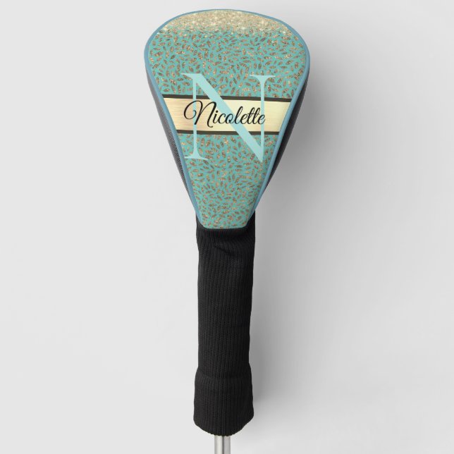 Gold Glittery Feathers Monogram on Turquoise       Golf Head Cover (Front)