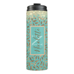 Gold Glittery Feathers Monogram on Turquoise    Thermal Tumbler
