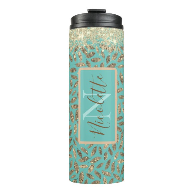 Gold Glittery Feathers Monogram on Turquoise    Thermal Tumbler (Front)