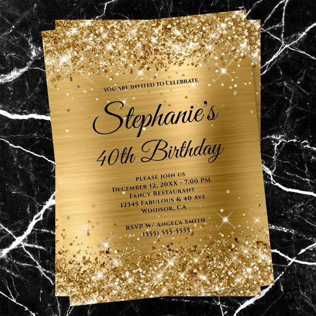 Gold Glittery Foil Fancy Monogram 40th Birthday Invitation (Creator Uploaded)