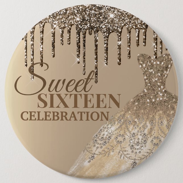 Gold Glittery Glamor Spark Drips Sweet 16 Birthday 6 Cm Round Badge (Front)