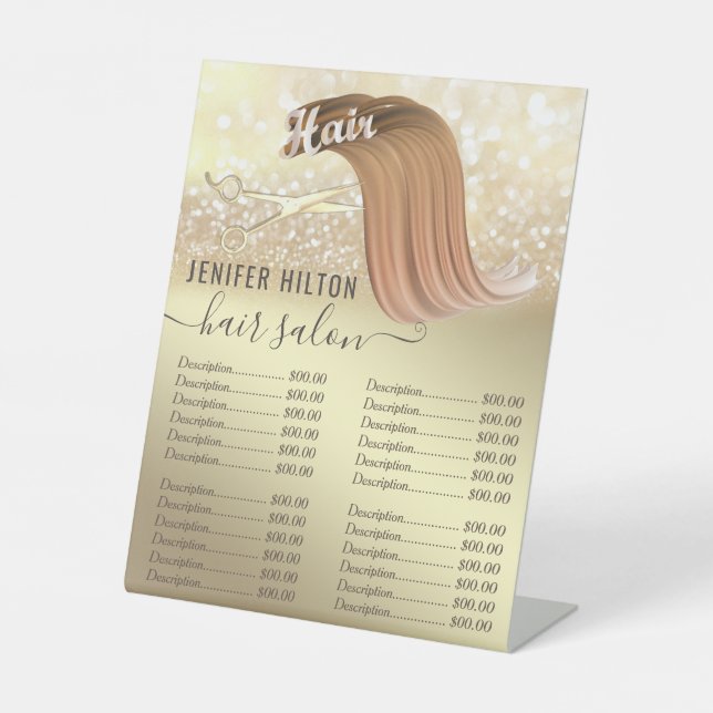 Gold glittery hair logo  price list pedestal sign (Front)