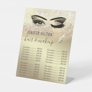 Gold glittery hair & makeup wink  price list pedestal sign