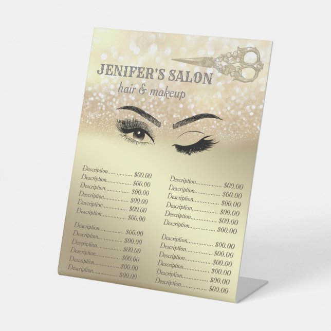 Gold glittery hair & makeup wink  price list pedestal sign (Front)