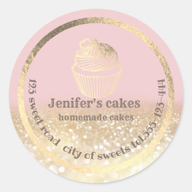 Gold glittery Homemade cakes and treats packaging Classic Round Sticker (Front)