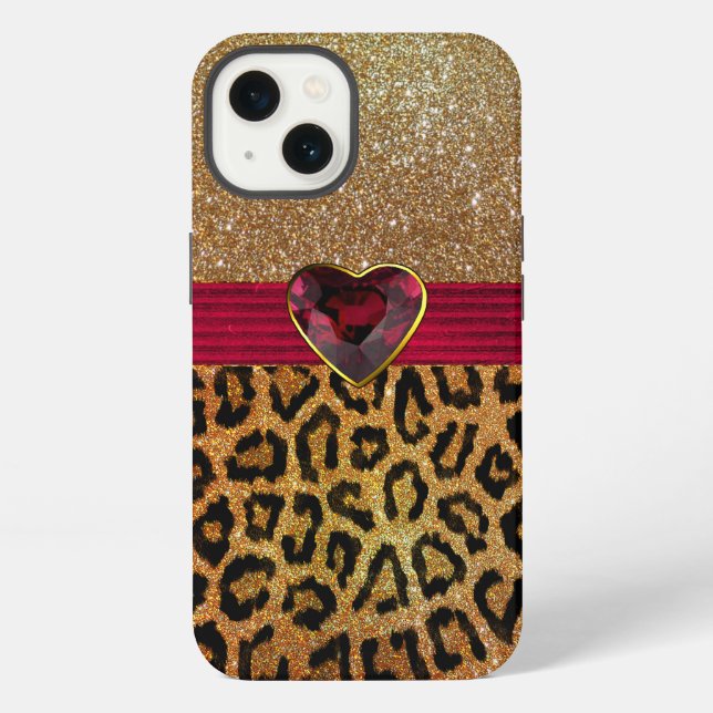Gold Glittery Leopard Print and Ruby Heart iPhone Case (Back)