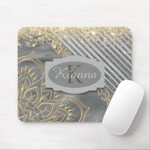 Gold Glittery Lotus Mandala Monogram Mouse Mat