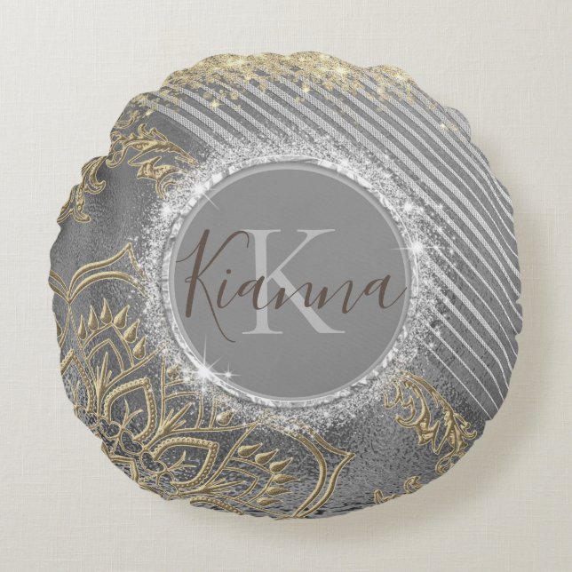 Gold Glittery Lotus Mandala on SIlver Monogram   Round Cushion (Front)