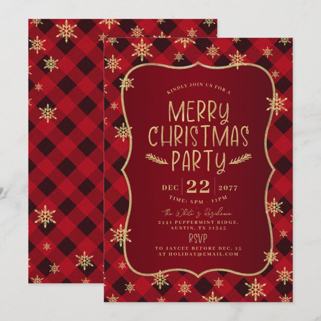 Gold Glittery Snowflake Red Plaid Christmas Party Invitation (Front/Back)