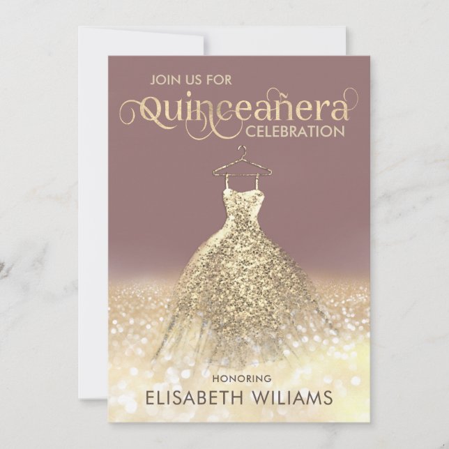 Gold glittery sparkle dress ombre Quinceañera Invi Invitation (Front)