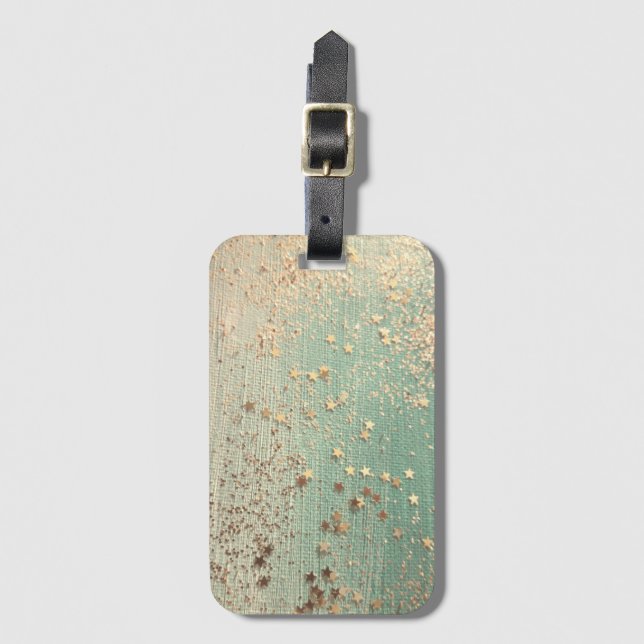 Gold Glittery Stardust on Sea Green  Luggage Tag (Front Vertical)
