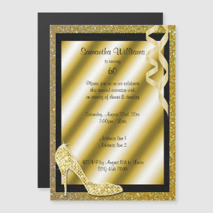 Gold Glittery Stiletto & Streamers 60th Birthday Magnetic Invitation