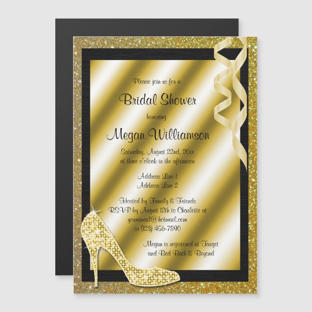 Gold Glittery Stiletto & Streamers Bridal Shower Magnetic Invitation (Front/Back)