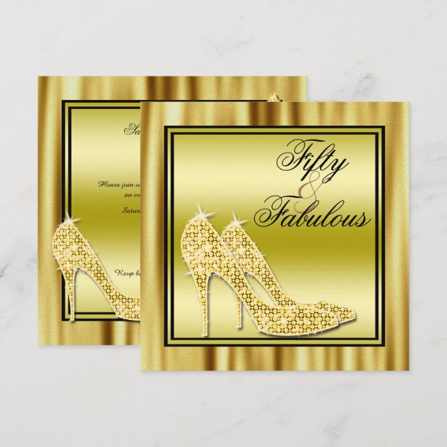Gold Glittery Stilettos & Music Fabulous 50 Invitation (Front/Back)