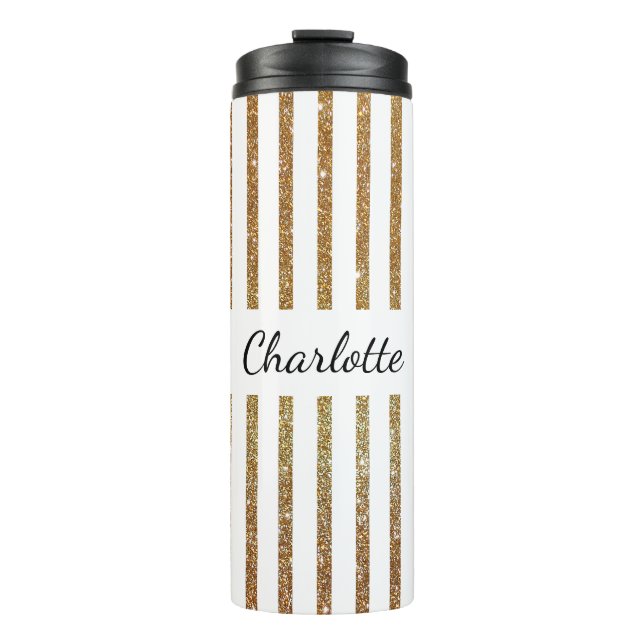 Gold Glittery Striped Custom Thermal Tumbler (Front)