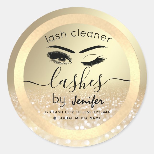 Gold glittery wink lash extension lash cleaner classic round sticker (Front)