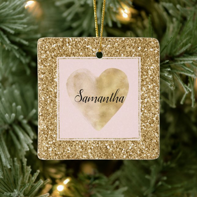 Gold Glitz Glitter Heart Name Ceramic Ornament (Tree)