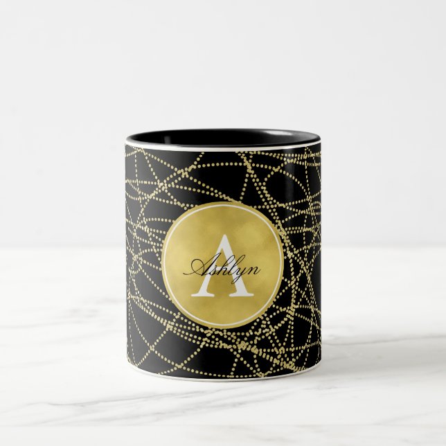 Gold Glitzy Black Abstract Monogram Two-Tone Coffee Mug (Center)