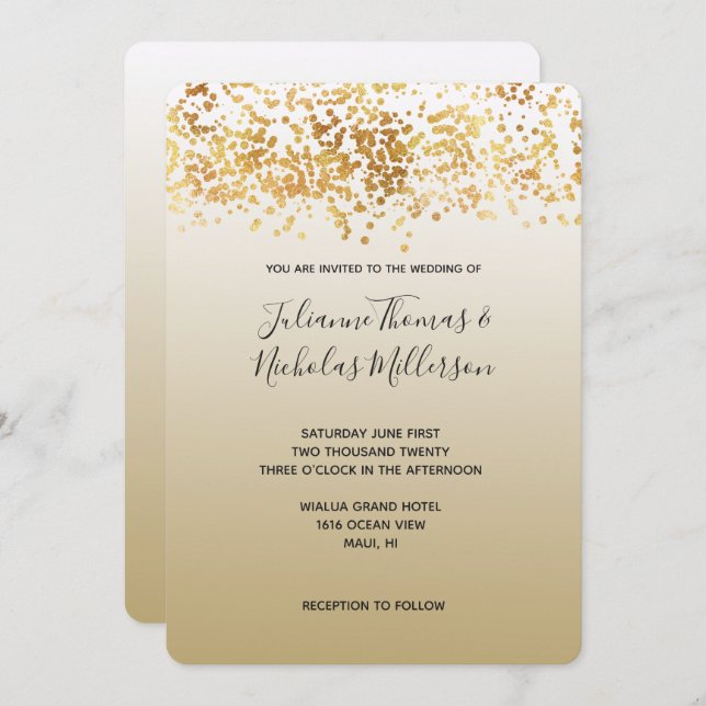 Gold Glitzy Confetti Ombre Wedding Invitation (Front/Back)