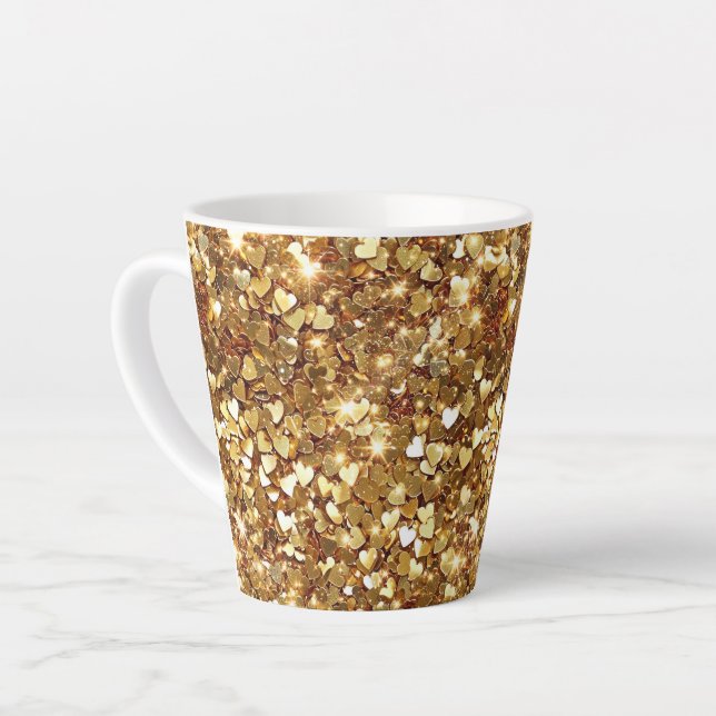 Gold Glitzy Glam Sparkle Hearts Latte Mug (Left Angle)