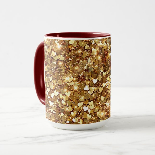 Gold Glitzy Glam Sparkle Hearts Mug (Front Left)