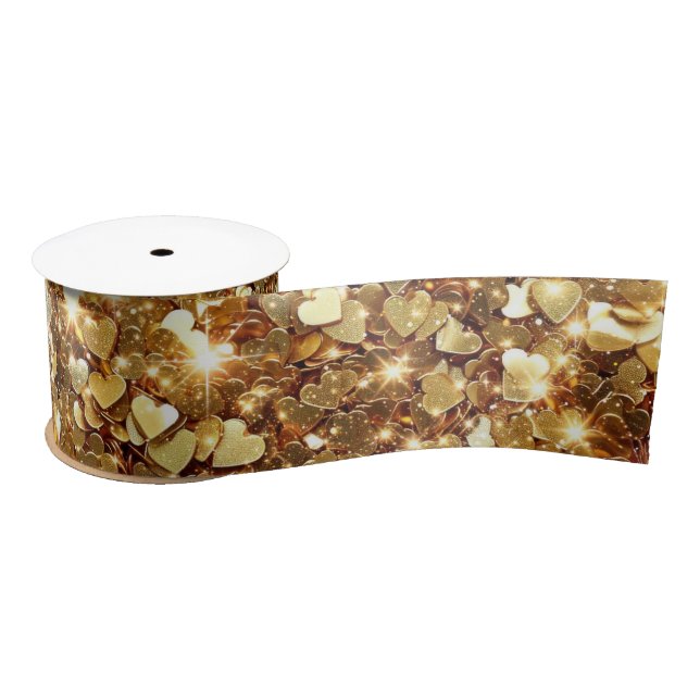 Gold Glitzy Glam Sparkle Hearts Satin Ribbon (Spool)
