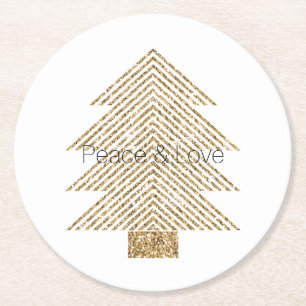 Gold Glitzy Glitter Christmas Tree Round Paper Coaster
