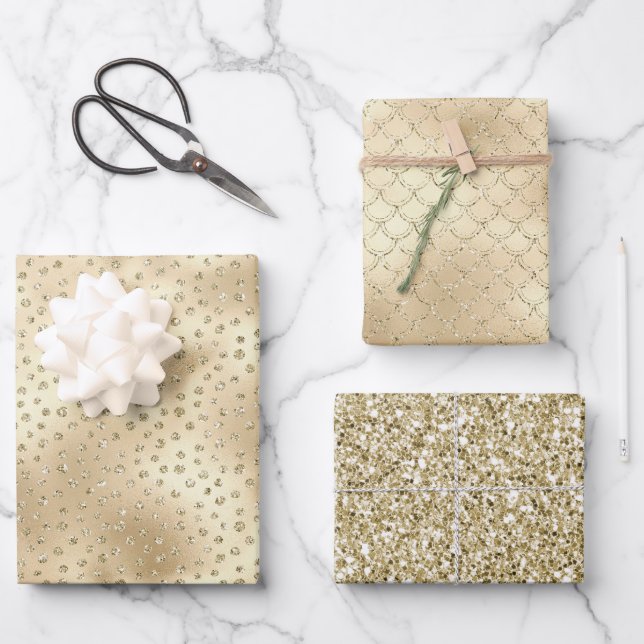 Gold Glitzy Glitter Dots Mermaid Wrapping Paper Sheet (Front)