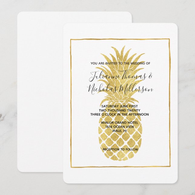 Gold Glitzy Pineapple Wedding Invites (Front/Back)