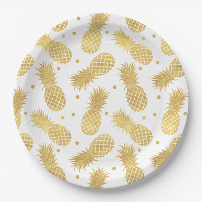Gold Glitzy Pineapples Paper Plate (Front)