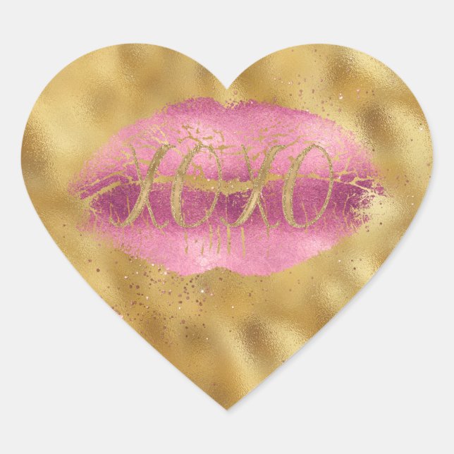 Gold Glitzy Pink Lips Kiss XOXO Heart Sticker (Front)