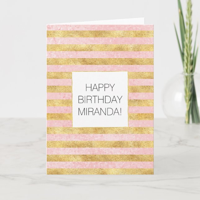 Gold Glitzy Pretty Pink Stripes Card (Front)