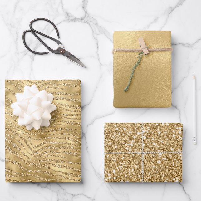 Gold Glitzy Zebra Print Glitter       Wrapping Paper Sheet (Front)