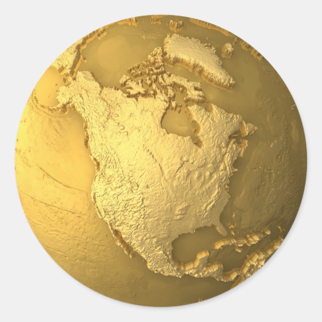 Gold Globe - Metal Earth. North America, 3d Render Classic Round Sticker (Front)