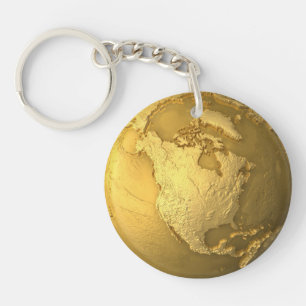 Gold Globe - Metal Earth. North America, 3d Render Key Ring
