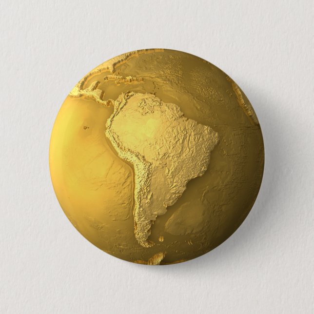 Gold Globe - Metal Earth. South America, 3d render 6 Cm Round Badge (Front)