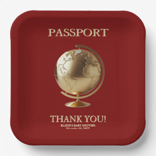 Gold Globe Passport Travel Baby Shower Paper Plate