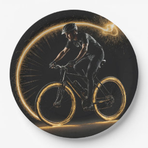 Gold Glow Neon Bike With Light Trails Paper Plate