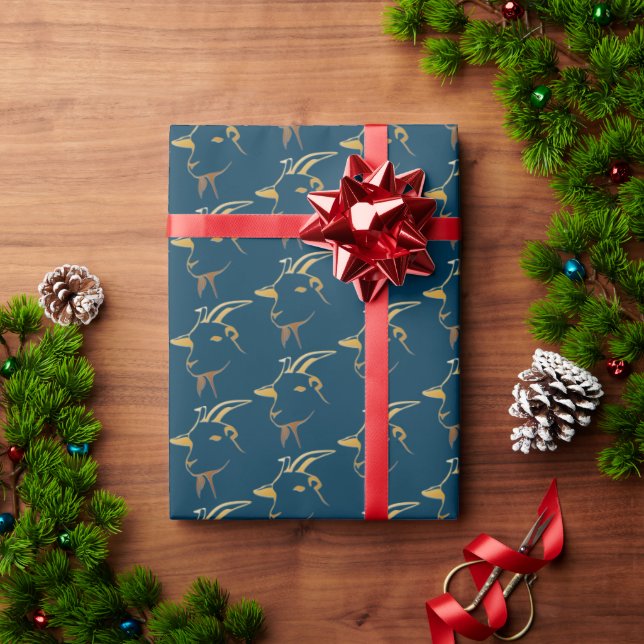 Gold Goat on Navy Blue Wrapping Paper (Holiday Gift)