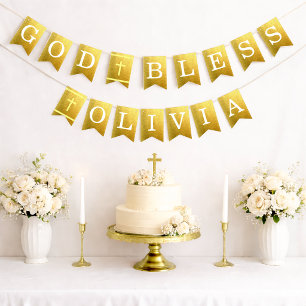Gold God Bless 6 Letters Name Baptism Communion Bunting