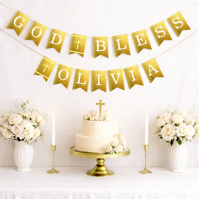 Gold God Bless 6 Letters Name Baptism Communion Bunting (Creator Uploaded)