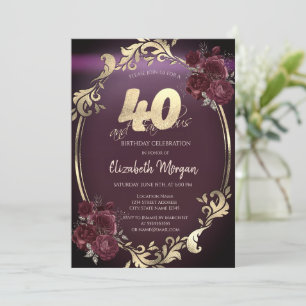 Gold Gold Frame Burgundy Roses 40th Birthday Invitation