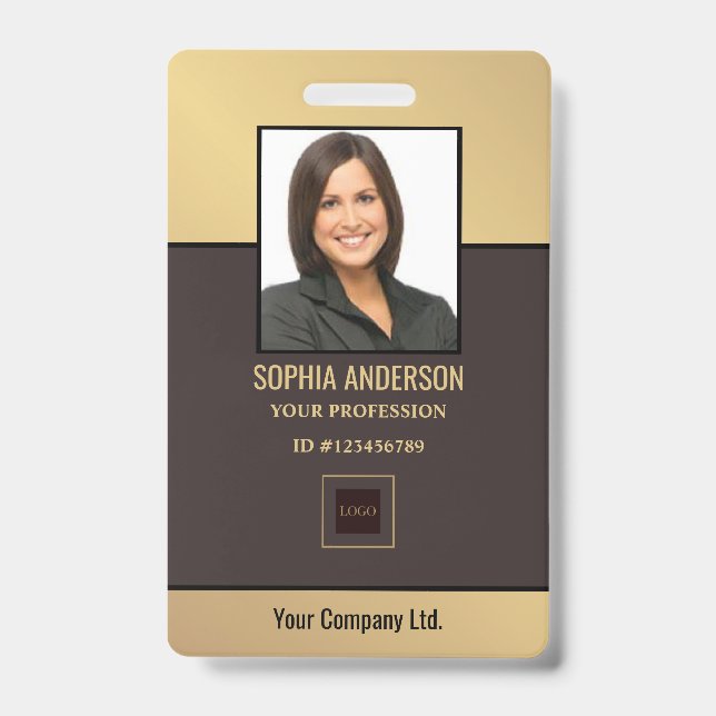 Gold Golden Custom Employee Photo, Bar Code, Logo  ID Badge (Front)