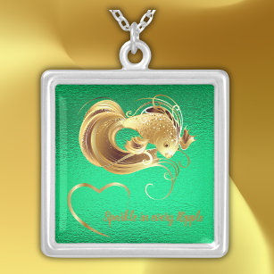 Gold goldfish on green foil monogram   silver plated necklace