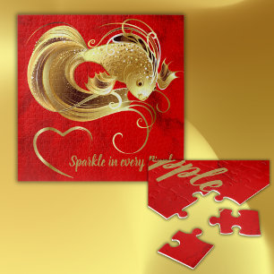 Gold goldfish on red foil monogram   jigsaw puzzle