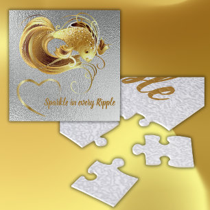Gold goldfish on silver foil monogram   jigsaw puzzle