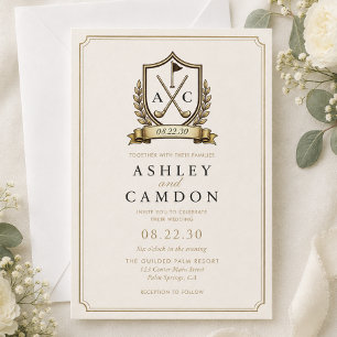 Gold Golf Crest Monogram Wedding Invitation