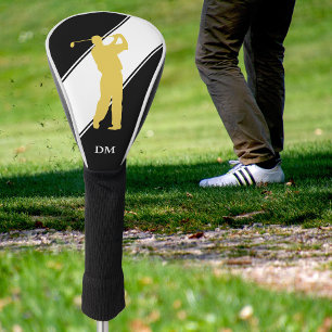 Gold Golfer on Black White Golf Head Cover